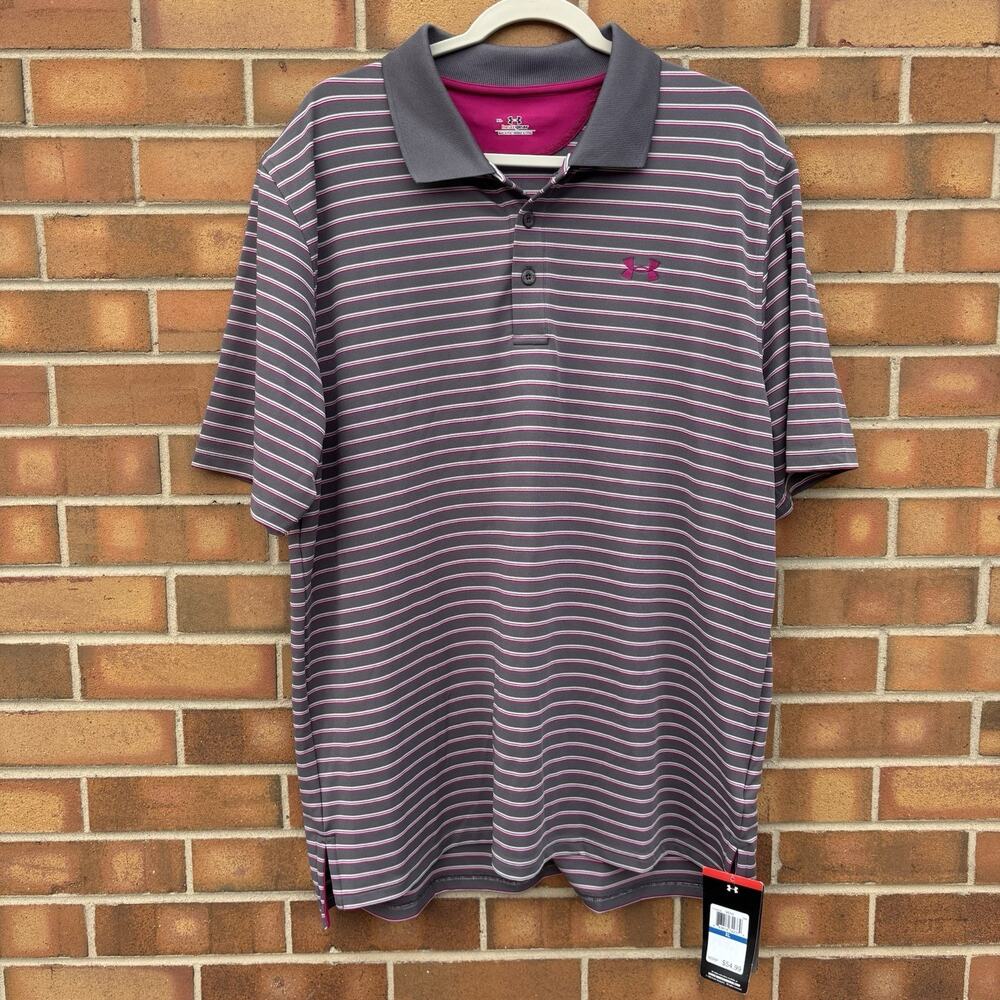 NWT Under Armour Polo Shirt Mens XL Purple Striped Loose Fit Heat Gear Golf